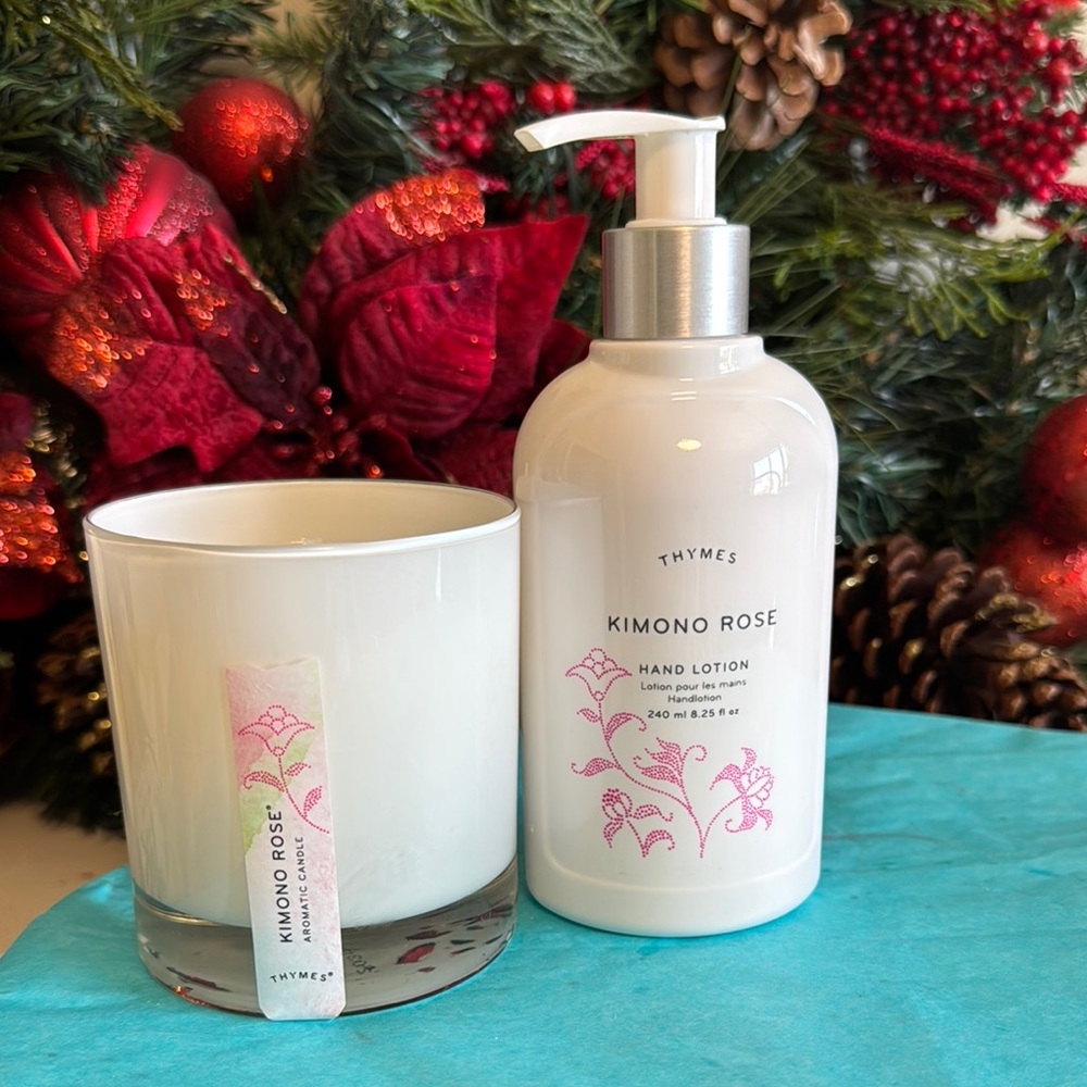 🔥💥Mega Promotion Thymes Kimono Rose candle 7.5oz Hand Lotion 8.25fl oz White - Picture 1 of 6